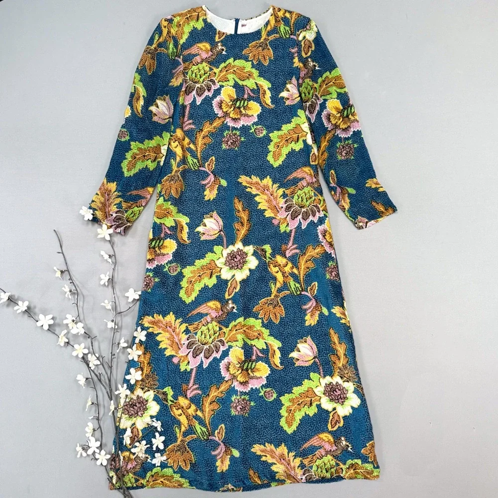 La DoubleJ Long Sleeve Swing Maxi Dress – Lark Blue Sovereign Print, Small 4/6 - Picture 6 of 11